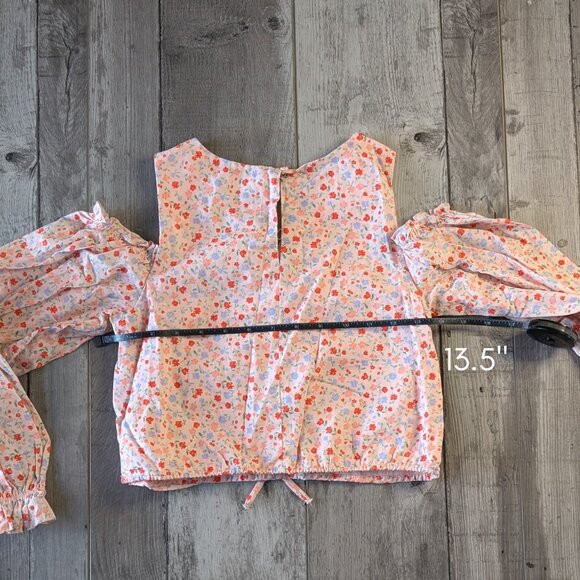 Zara, Cold Shoulder Balloon Sleeve Floral Top, Pink w red/blue print, Sz 11 - 12 - Picture 7 of 9